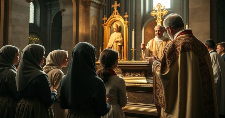 Młodzi ludzie modlą się przy grobie św. Jana Pawła II podczas pielgrzymki, w kontekstcie katolickiej tradycji i sakramentów