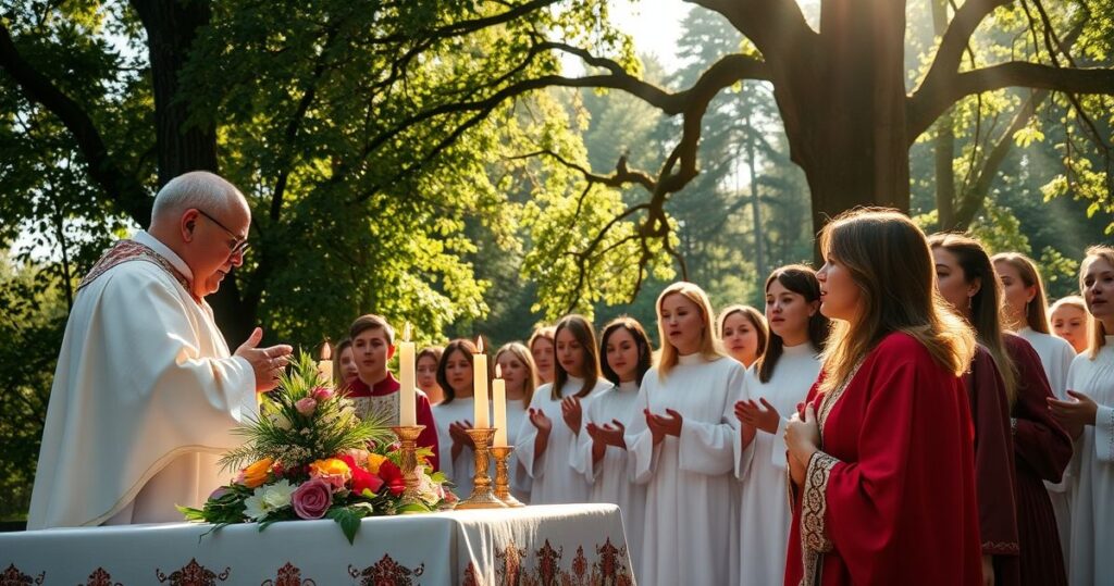 Młodzież uczestnicząca w tradycyjnej katolickiej Mszy na zewnątrz, z kapłanem w ornatach, skupiona i pełna szacunku, ukazująca duchową głębię i tradycyjną liturgię Kościoła katolickiego.
