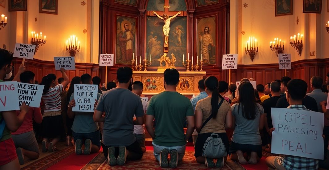 Grupa młodych ludzi z Marokiem, Nepalu i Bangladeszu modli się przed tradycyjnym ołtarzem katolickim, otoczona transparentami z hasłami o sprawiedliwości społecznej. Scena jest oświetlona ciepłym, głębokim światłem, podkreślającym ich duchowe pragnienie i brak boskiego kierownictwa w świeckich protestach. Zdjęcie łączy ich materialne postulaty z powołaniem do świętości, refleksję nad modernistycznym redukcjonizmem. Ołtarz ozdobiony jest krzyżem, świecami i ikonami, symbolizującymi nauki katolickie o porządku społecznym i królewstwie Chrystusa nad społeczeństwem. Twarze demonstranckie są poważne, ale pełne nadziei, wyrażające poszukiwanie prawdziwej sprawiedliwości poza materialnymi rozwiązaniami.