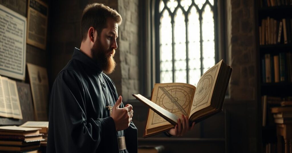 Medieval Catholic monk Eilmer z Malmesbury w bibliotece klasztornej z manuskryptem astronomicznym