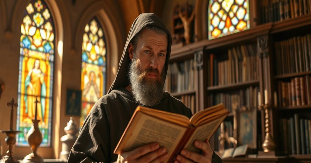 Medievalny mnich trzymający starą kronikę w klasztorze św. Katarzyny na Synaju