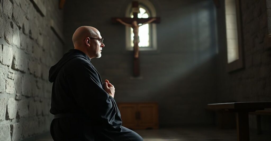 Pokorny mnich w tradycyjnym habitcie modli się przed krzyżem w skromnej kaplicy