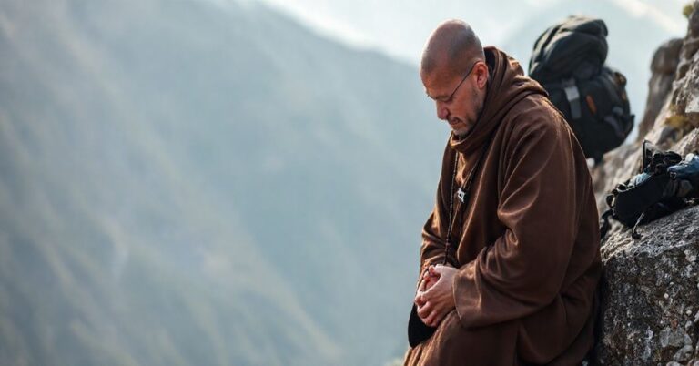 Tradycyjny katolicki mnich modli się w górach w prostym habitcie, kontrastujący z nowoczesnym sprzętem turystycznym.