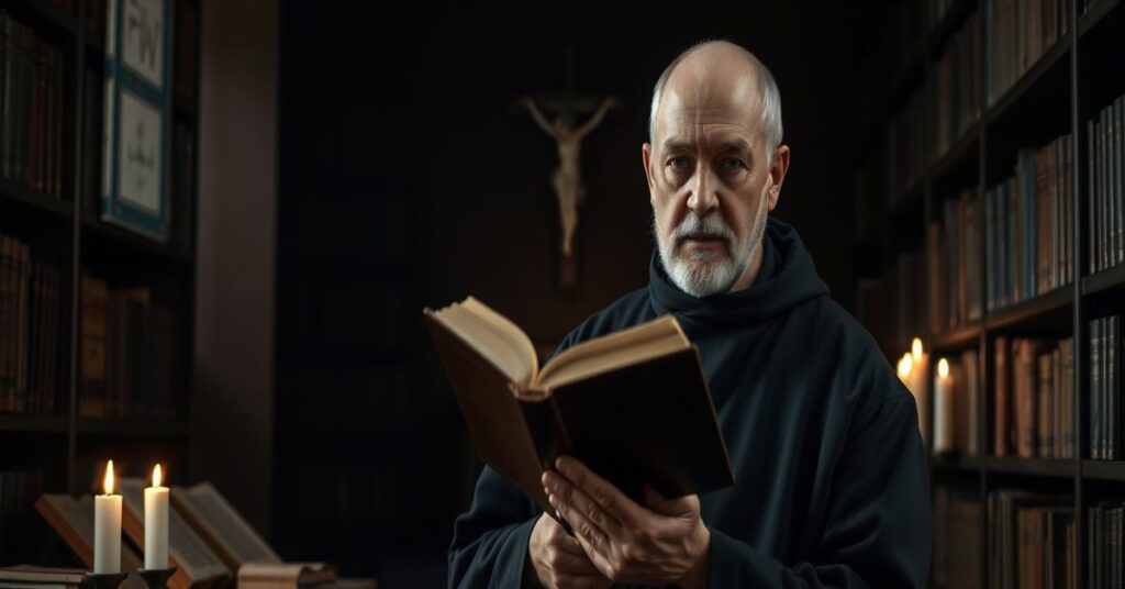 Portret tradycyjnego mnicha katolickiego w oświetlonej biblioteczce klasztornej, trzymającego zakazany podręcznik duchowości modernistycznej