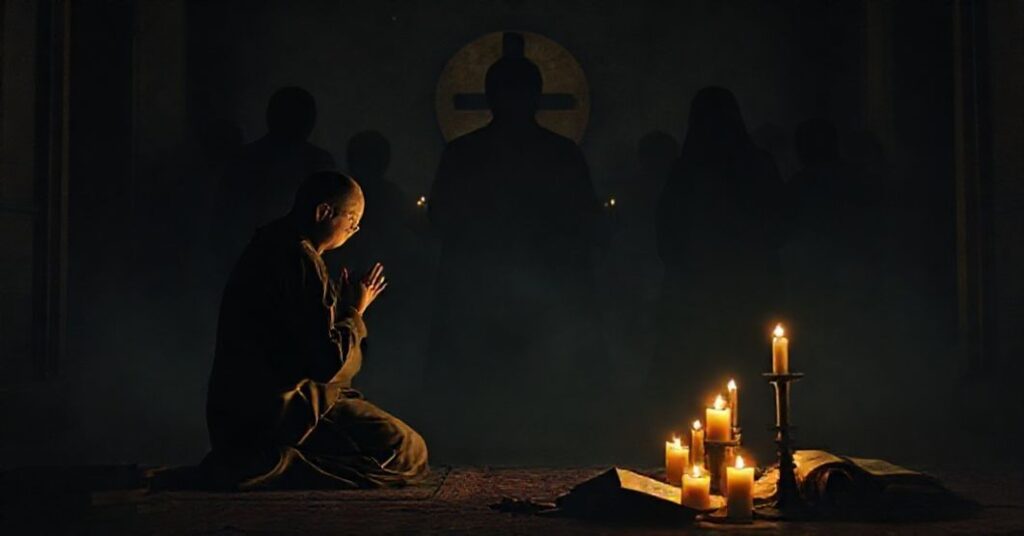 Tradycyjny mnich w modlitwie w kaplicy z cieniistym tłem symbolizującym zagrożenia duchowe medytacji wschodnich.