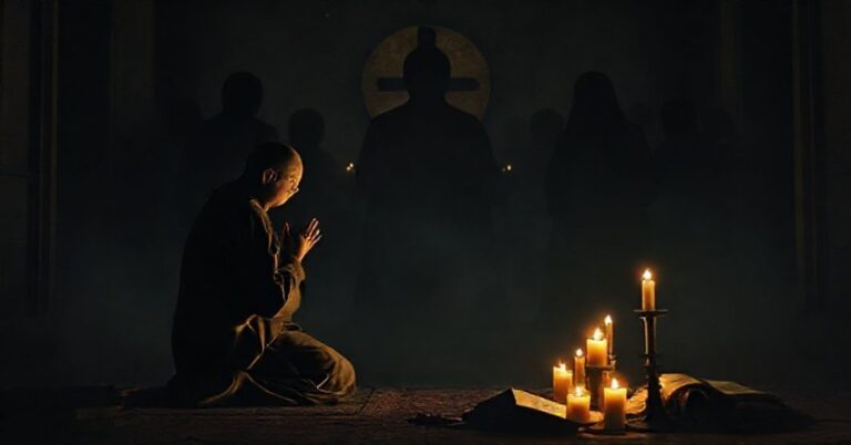 Tradycyjny mnich w modlitwie w kaplicy z cieniistym tłem symbolizującym zagrożenia duchowe medytacji wschodnich.