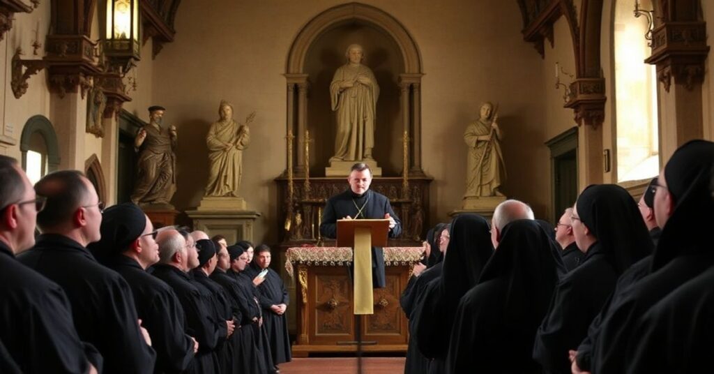 Grupa tradycyjnych katolickich mnichów w czarnych habitach zbrana w historycznej kaplicy podczas kazania przez "ojca" Arnolda Chrapkowskiego.
