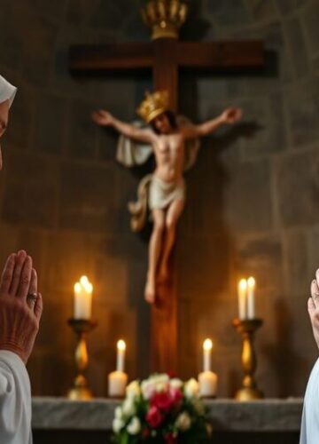 Mniszki klaryski w modlitwie przed krzyżem - powrót do Tradycji Dwie starsze mniszki klaryski modlą się przed krzyżem w tradycyjnym kaplicy