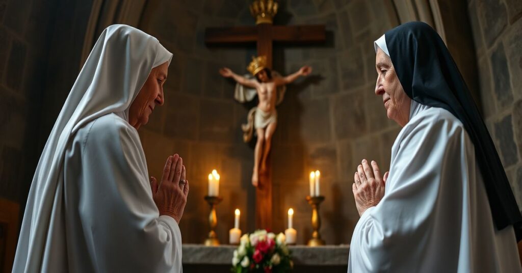 Dwie starsze mniszki klaryski modlą się przed krzyżem w tradycyjnym kaplicy