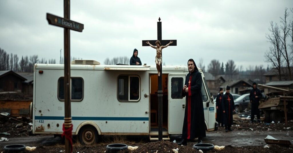 Mobilne kliniki na Ukrainie: humanitaryzm bez Chrystusa Króla – obraz przedstawiający klinikę medyczną w wojennej strefie z pominiętym aspektem duchowym.