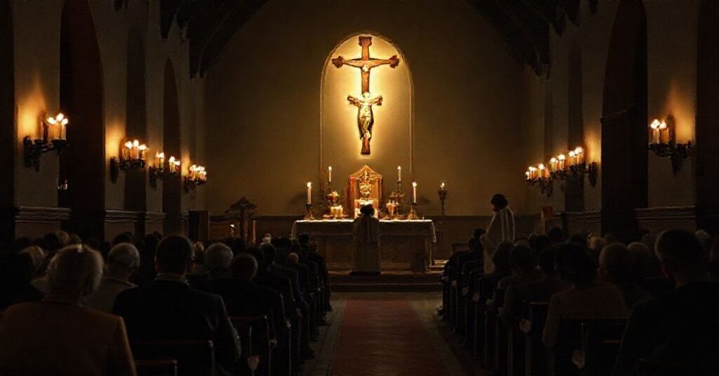 Melancholiczna wieczorna kaplica z tradycyjnym księdzem w ornatach na ambonie. Ołtarz ozdobiony krzyżem i naczyniami sakralnymi. Wierni modlący się skromnie na kolanach.