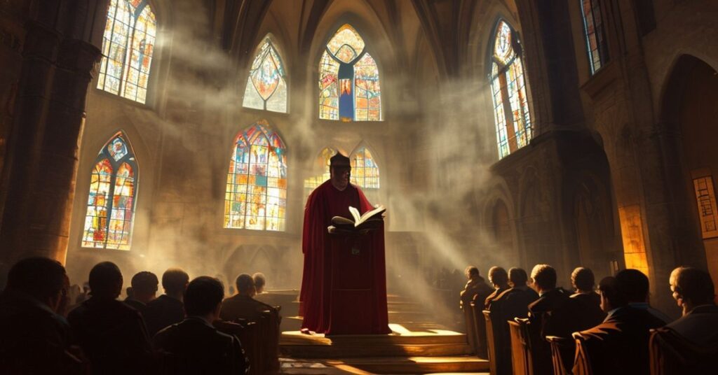 Wnętrze katedry z tradycyjnym ołtarzem i krucyfiksem, ksiądz Jan Twardowski przy ambonie z książką poezji modernistycznej.