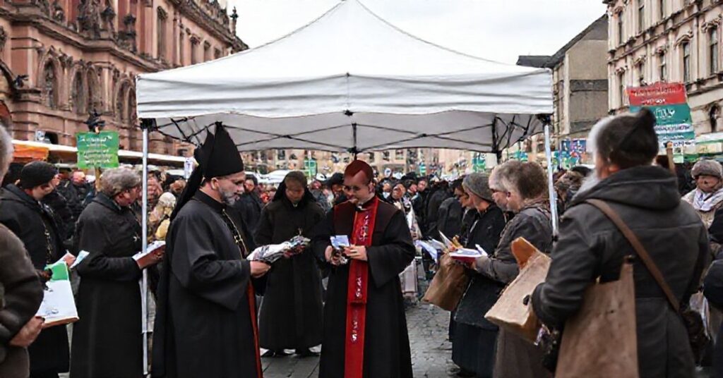 Scena z obchodów Światowego Dnia Ubogich w Krakowie w 2025 roku: modernistyczni duchowni rozprowadzają pomoc materialną bez odniesienia do wiary.