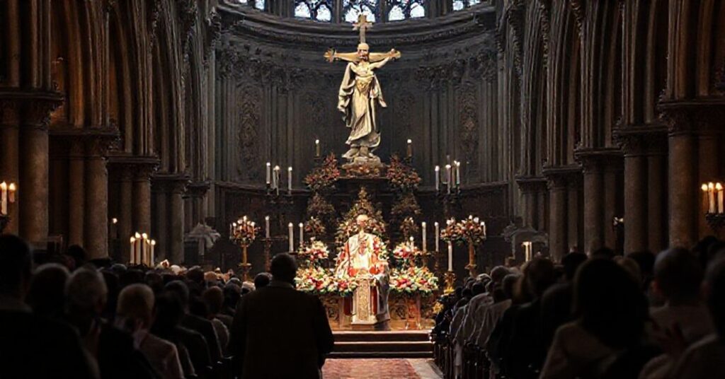 Sobór katolicki w bazylice katedralnej z 'bp' Janem Piotrowskim podczas mszy w rocznicę stanu wojennego. W tle pomnik fałszywego 'błogosławionego' Jerzego Popiełuszki ozdobiony kwiatami symbolizuje profanację historii przez posoborowych hierarchów.