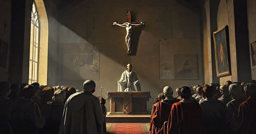 Obraz przedstawiający fałszywe nauki 'Leona XIV' podczas modernistycznej katechezy o 'duchowości paschalnej' i 'braterstwie'.