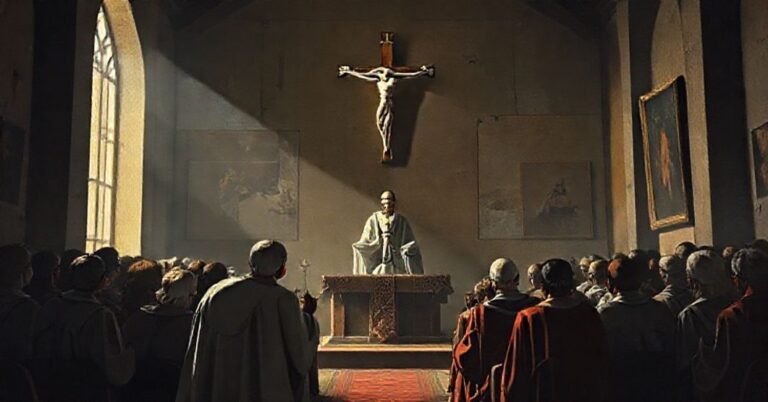 Obraz przedstawiający fałszywe nauki 'Leona XIV' podczas modernistycznej katechezy o 'duchowości paschalnej' i 'braterstwie'.