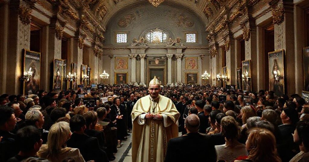 Wizerunek waticańskiego Pałacu Apostolskiego z modernistycznym uzurpatorem Leonem XIV otoczonym gwiazdami Hollywoodu: Cate Blanchett, Monicą Bellucci i Spike'em Lee.