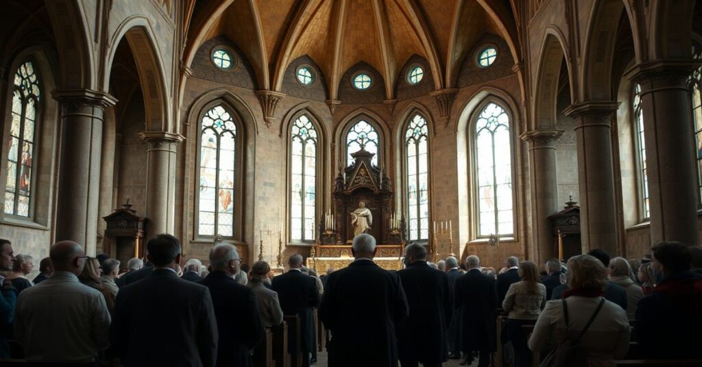 Wnętrze katedry w Szczecinie podczas modernistycznej mszy wielkanocnej pod przewodnictwem abp. Wiesława Śmigiela