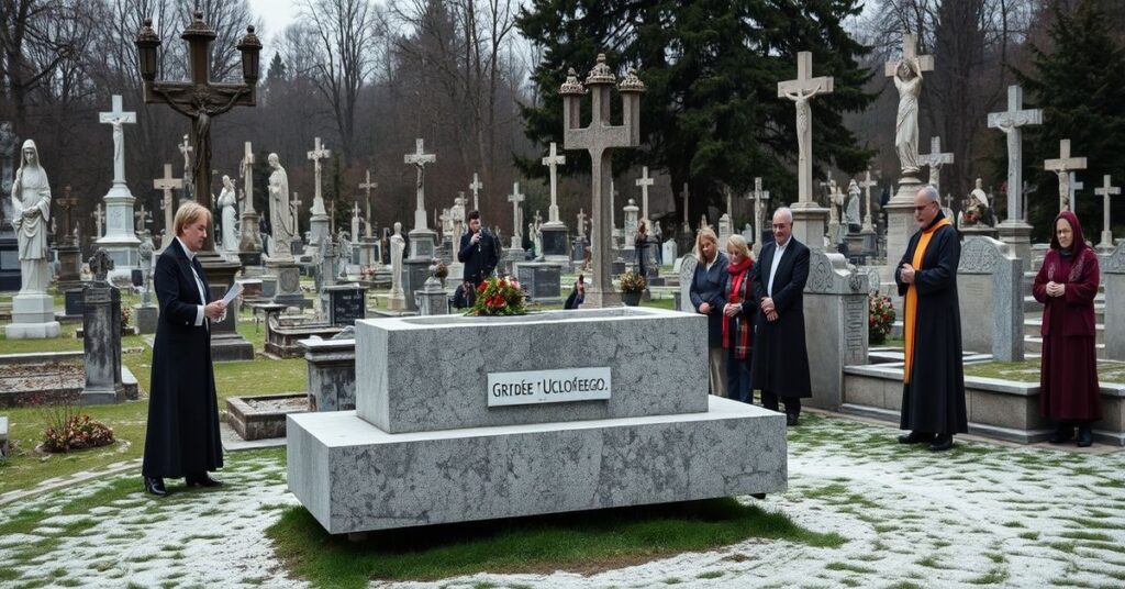 Scena na cmentarzu w Radomiu z modernistycznym pomnikiem "Grób Dziecka Utraconego" otoczonym przez "Rycerzy Kolumba" i smutnych rodziców.