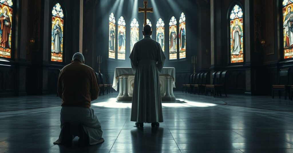 Wnętrze kościoła katolickiego z pustym ołtarzem, symbolizujące brak prawdziwej władzy. Tradycyjny kapłan modli się w żałobie na pierwszym planie.