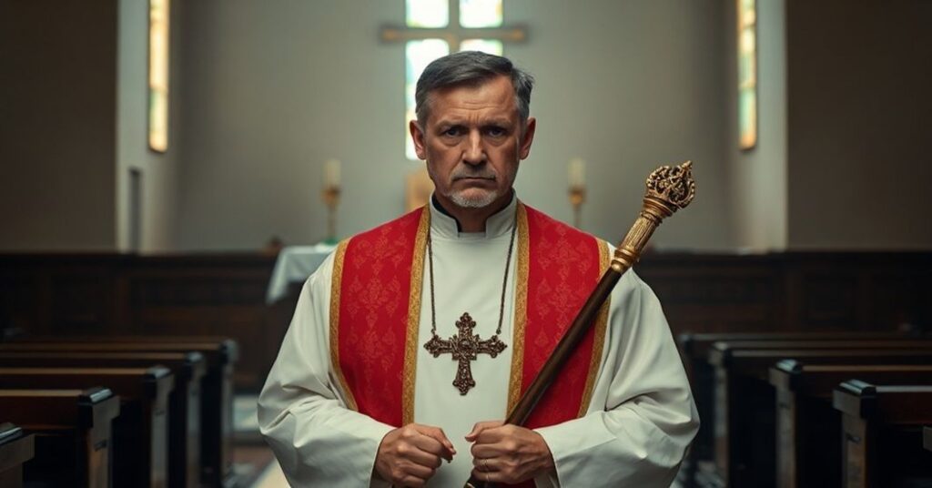 Tradycyjnie ubrany kapłan z troskliwym wyrazem twarzy stoi w kościele przy nowoczesnym ołtarzu z niekatolickimi symbolami.