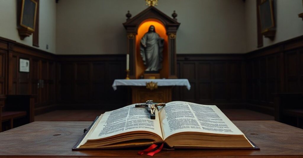 Wnętrze kościoła z ołtarzem, stojącym przed nim otwartym adhortacją Leona XIV "Dilexi Te", po części zakrywającą krzyż. Tło zdominowane przez puste spowiednik.