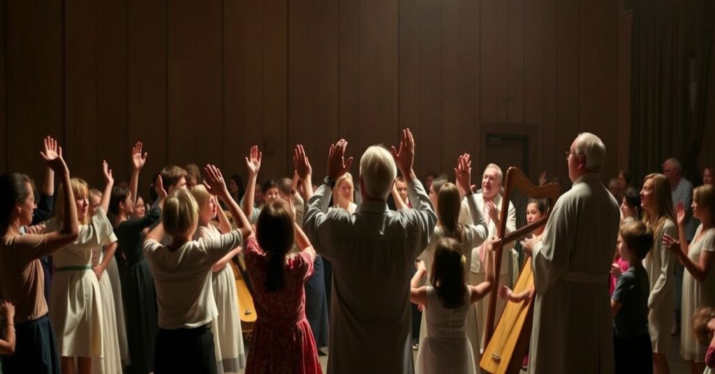 Grupa modernistycznych katolików tańczących i podnoszących ręce w ekstazie kultu w nieformalnej sali, pod kierunkiem świeckiego psychologa Karola Sobczyka, przy pasywnym obserwowaniu modernistycznego biskupa Grzegorza Rysia. Dzieci bawią się harfami na tle.