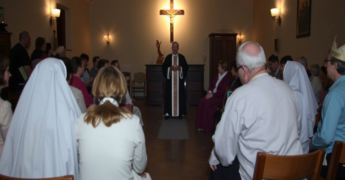 Ciemna sala spotkania katechistów w Porszewicach z Biskupem Zbigniewem Wolkowiczem i Siostrą Teresą Huspekowa, symbolizująca apostolską herezję nowej ewangelizacji.