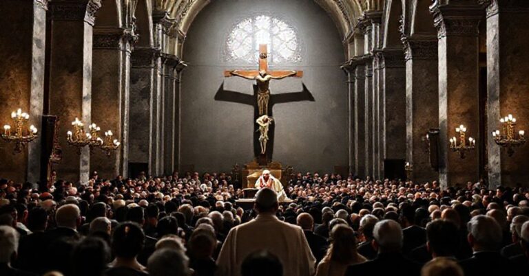 Wierni i duchowni słuchają modernistycznej homilii 'Papieża' Leona XIV w katedrze Ducha Świętego w Stambule. Scena pełna powagi, z tradycyjnymi katolickimi symbolami.