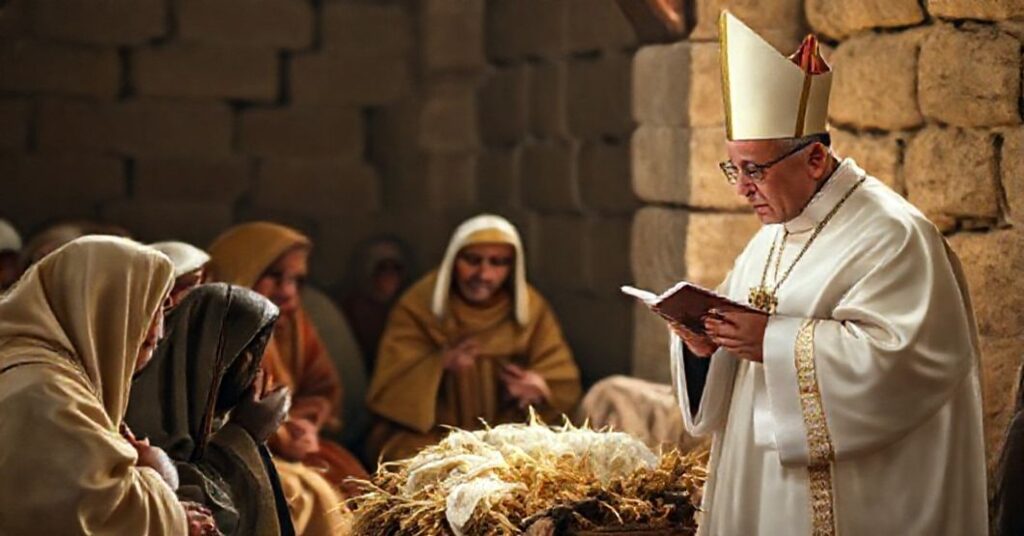 Stojąca w Betlejem tradycyjna katolicka scena Bożego Narodzenia z modernistycznym kardynałem w tle wygłaszającym kazanie; kontrast między świętym tajemniczym Wcieleniem a redukcjonistycznym modernistycznym przedstawieniem Bożej interwencji.