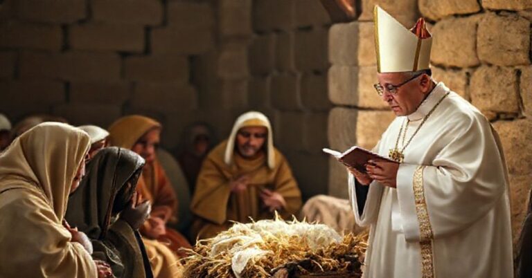 Stojąca w Betlejem tradycyjna katolicka scena Bożego Narodzenia z modernistycznym kardynałem w tle wygłaszającym kazanie; kontrast między świętym tajemniczym Wcieleniem a redukcjonistycznym modernistycznym przedstawieniem Bożej interwencji.
