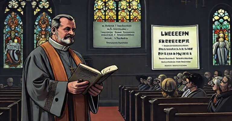 Tradycyjny kościół z kapłanem wyrażającym niepokój wobec nowoczesnych interpretacji Psalmu 72 w Adwencie