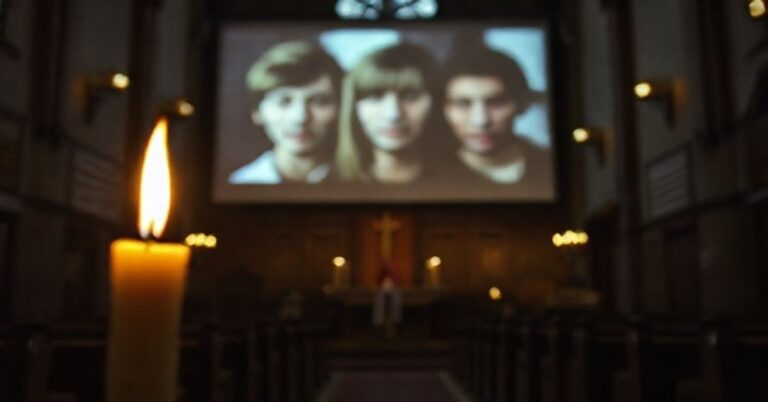 Wnętrze tradycyjnego kościoła z płonącą woskową lampką i zniekształconym projekcją filmową na tle