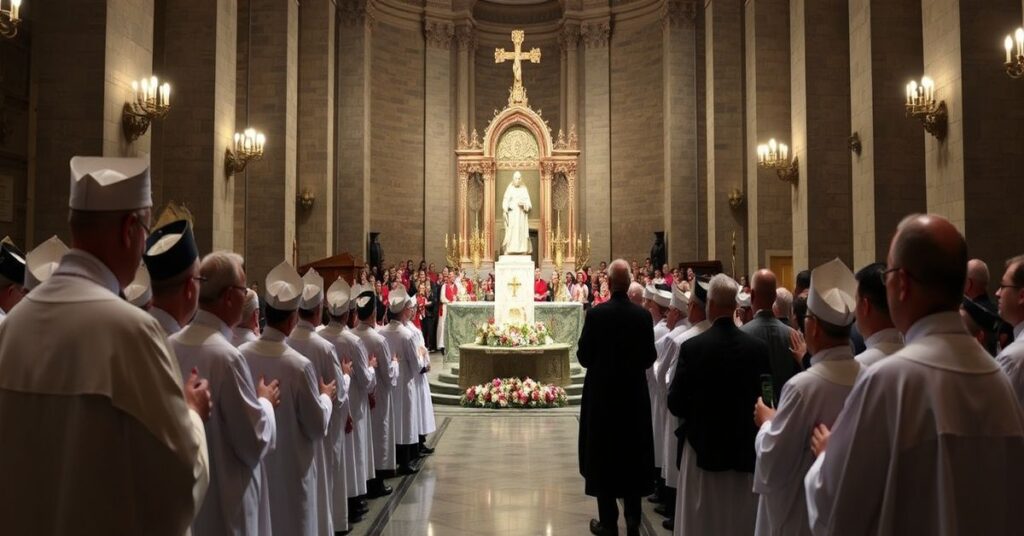 Obraz przedstawia modernistyczną celebrację Mszy Świętej przy grobie Jana Pawła II w Bazylice Watykańskiej. Na pierwszym planie widoczny jest Adrian Galbas wraz z innymi hierarchami kościelnymi.