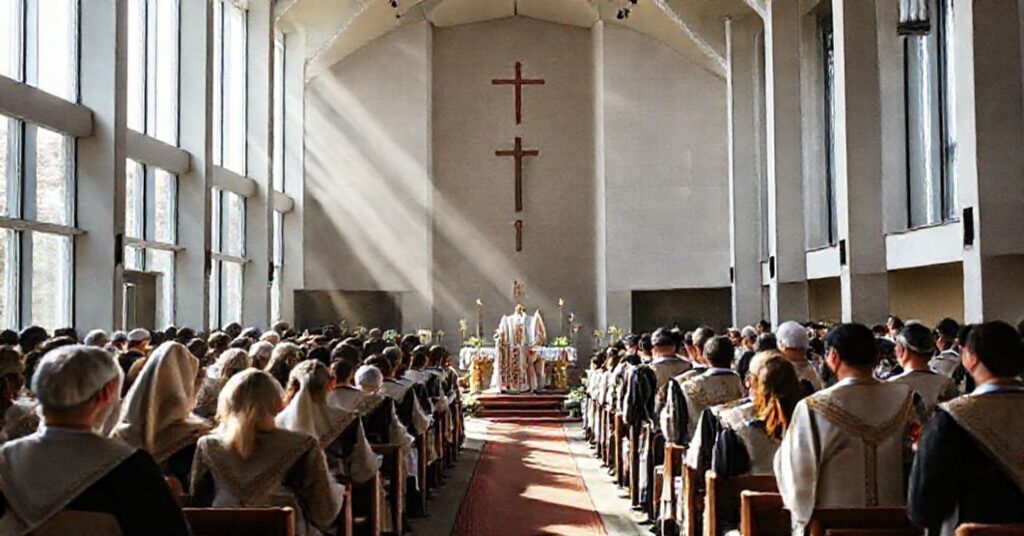 Uroczystość religijna w nowoczesnym kościele z elementami tradycyjnymi i modernistycznymi.