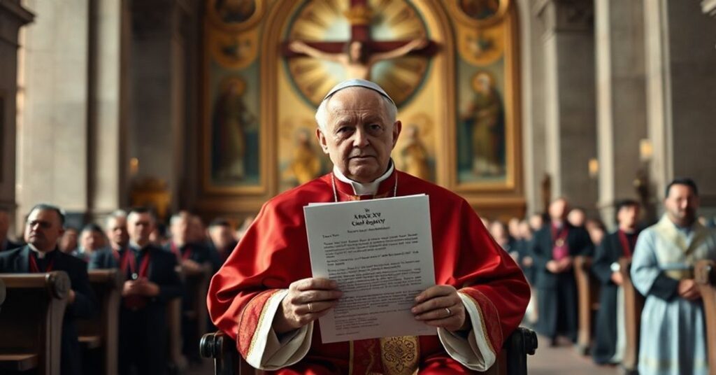 Wnętrze kościoła z 'antypapieżem' Leonem XIV trzymającym fałszywy list apostolski o kapłaństwie.