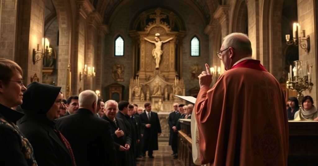 Prawdziwe katolickie nabożeństwo Zaduszne w archikatedrze w Przemyślu, ukazujące konflikt między tradycyjną wiarą a modernistycznymi odchyleniami w liturgii.