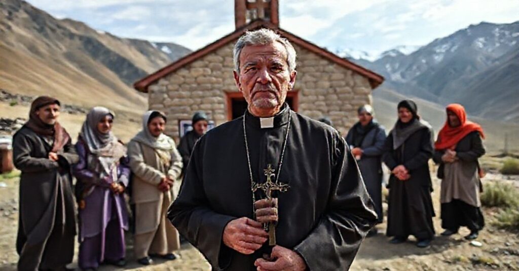 Tradycyjny katolicki misjonarz na tle kościoła w Kirgistanie, trzymając krzyż z troską na twarzy.