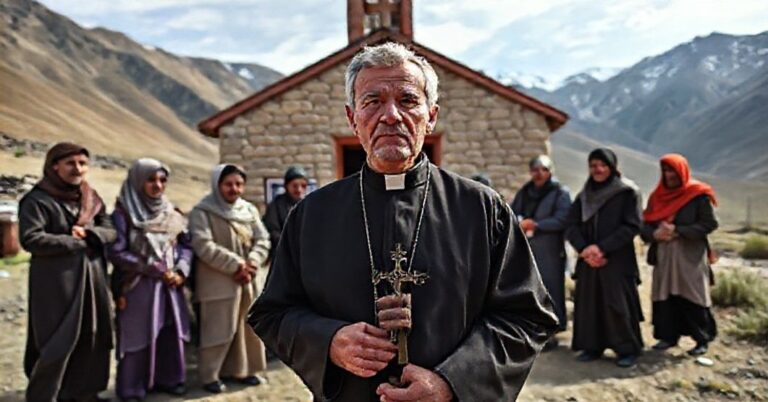 Tradycyjny katolicki misjonarz na tle kościoła w Kirgistanie, trzymając krzyż z troską na twarzy.