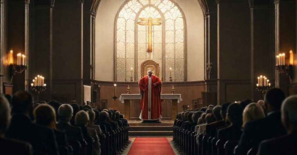 Wnętrze tradycyjnego kościoła katolickiego z ołtarzem i zaszczepionymi świecami. Widać pseudokardynała Duka wygłaszającego modernistyczne kazanie przed zebranymi wiernymi.