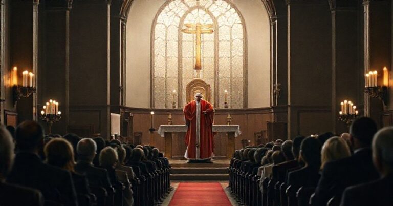 Wnętrze tradycyjnego kościoła katolickiego z ołtarzem i zaszczepionymi świecami. Widać pseudokardynała Duka wygłaszającego modernistyczne kazanie przed zebranymi wiernymi.