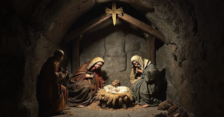 Zniekształcony obraz Narodzenia Pańskiego w kryptach praskiej katedry św. Floriana, prezentujący modernistyczne deformacje tradycyjnej sztuki sakralnej.