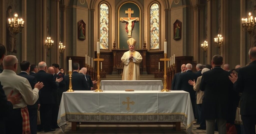 Wnętrze kościoła w katedrze Chrystusa Króla w Katowicach podczas liturgii. Opuściły ją elementy ofiary i pokuty. "Abp" Andrzej Przybylski wygłasza homilię w atmosferze fałszywej pobożności.