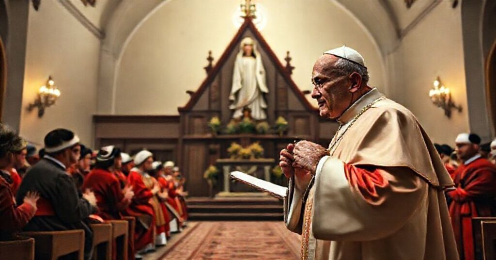 Wierni katolicy modlący się przed obrazem Matki Boskiej Częstochowskiej w tradycyjnym polskim koście. W tle widoczny jest fałszyfikat "papież" Franciszek, symbolizujący zdeformowany patriotyzm i modernistyczną rewolucję.