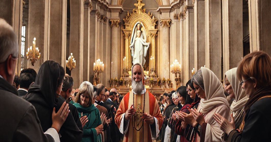 Grupa pielgrzymów modli się różaniec w tradycyjnej katedrze katolickiej, kierowana przez duchownego, który akcentuje emocjonalny związek ponad duchową pobożność. Scena jest uroczysta, ale brak jest poczucia nadprzyrodzonej łaski, skupiając się zamiast tego na ludzkiej interakcji.