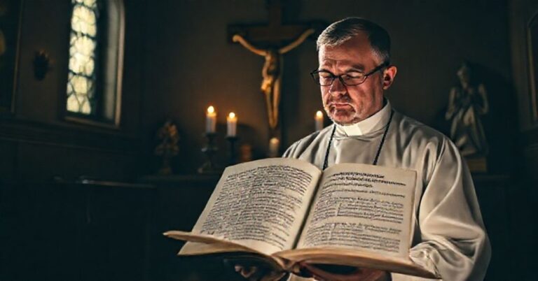 Poważna scena katolicka przedstawiająca niebezpieczeństwa modernistycznego zniekształcenia pokuty nauczanej przez Thomasa Keatinga.