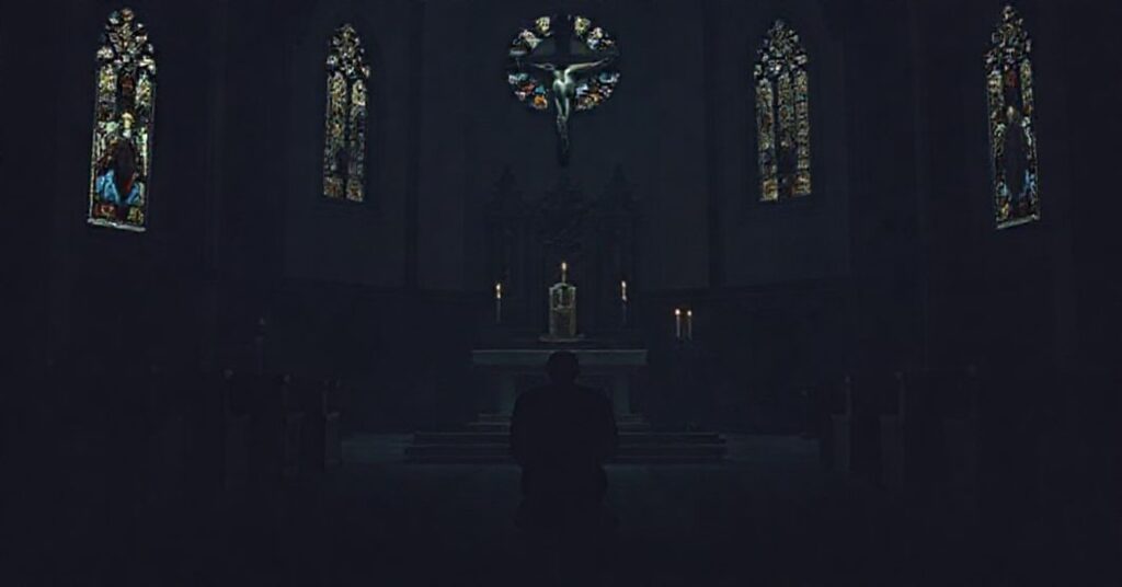 Ciemny wnętrze kościoła z samotnym mężczyzną modlącym się przed pustym ołtarzem, co symbolizuje modernistyczne deformacje wiary.