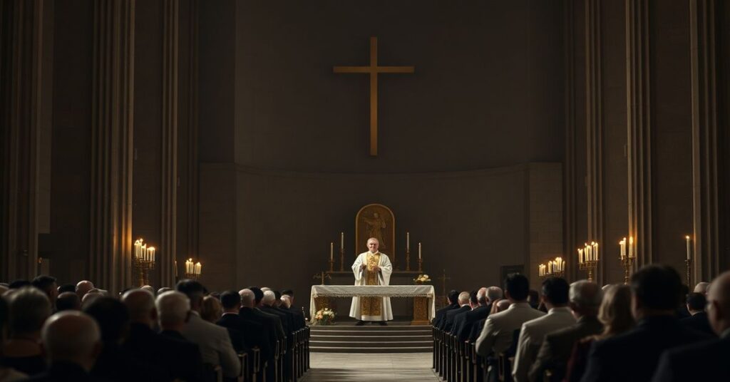 Wnętrze gorzowskiej katedry podczas Wielkiego Czwartku z modernistą Tadeuszem Lityńskim wygłaszającym homilię o miłości i wolności człowieka