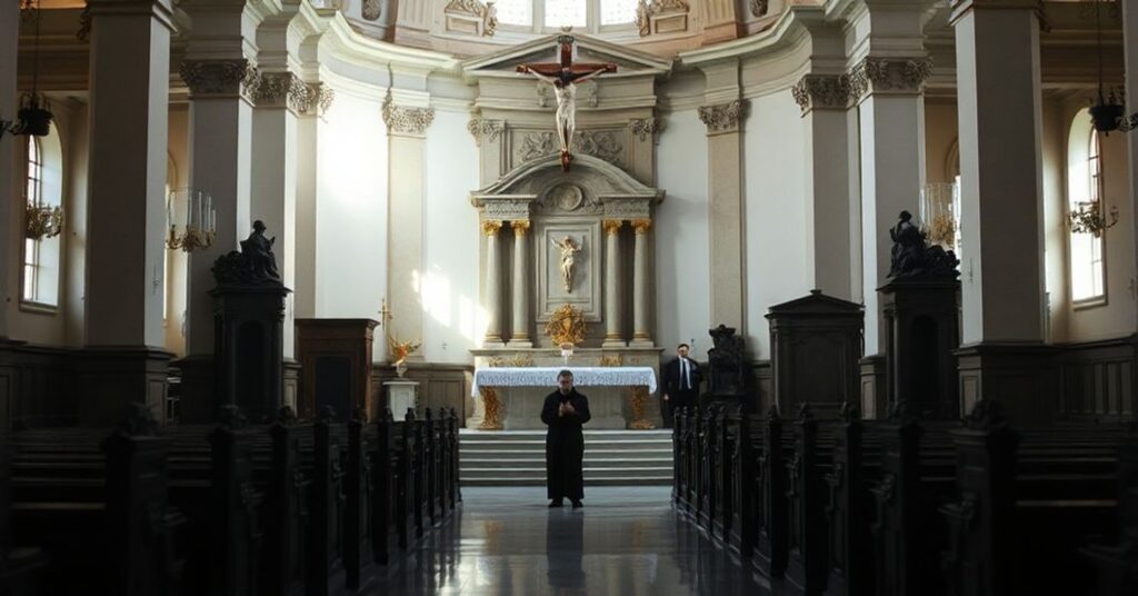 Wnętrze tradycyjnego kościoła katolickiego z pustym ołtarzem, symbolizujące porzucenie kultu ofiarnego.