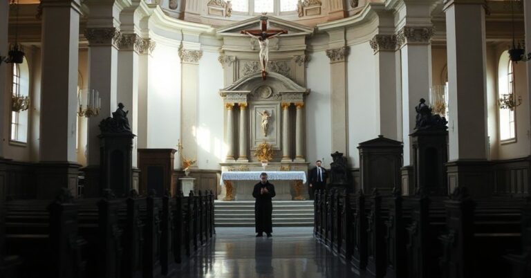 Wnętrze tradycyjnego kościoła katolickiego z pustym ołtarzem, symbolizujące porzucenie kultu ofiarnego.